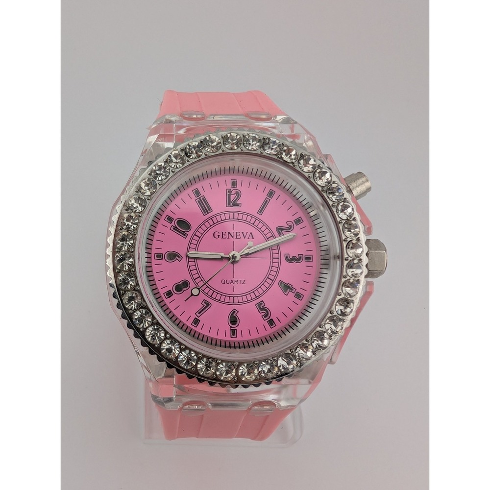 Geneva Watch Women 45mm Case Light Up Dial Pink Silicone Band- New Battery